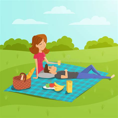 Vector Illustration Of Happy Couple Having Picnic In The Park Stock