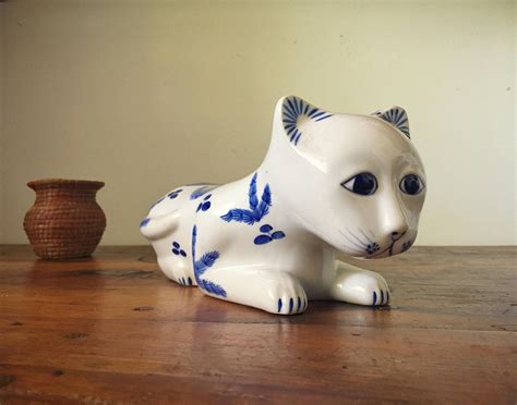 Vintage Porcelain Cat Figurine Collectible Chinoiserie Blue And White