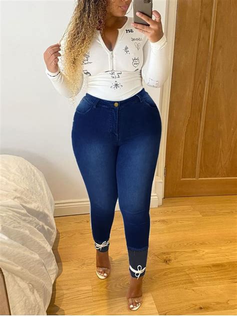 Lovely Casual Basic Skinny Deep Blue Plus Size Jeanslw Fashion Online