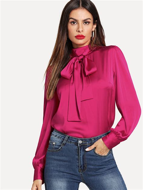 Neon Pink Tie Neck Buttoned Back Satin Blouse | SHEIN IN