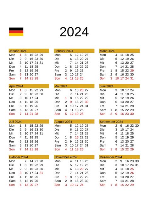 Calendario Del Año 2024 En Alemán Con Días Festivos En Alemania
