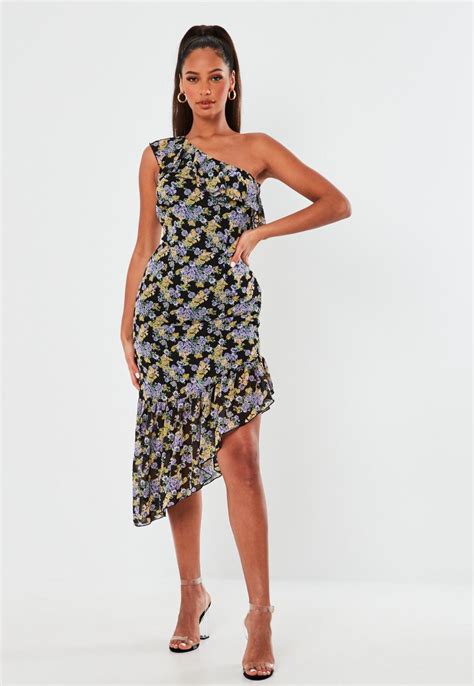 Black Floral One Shoulder Ruffle Midi Dress Missguided