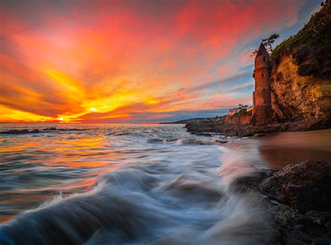 Laguna Beach Victoria Beach Castle Epic Sunset Brilliant Red Orange