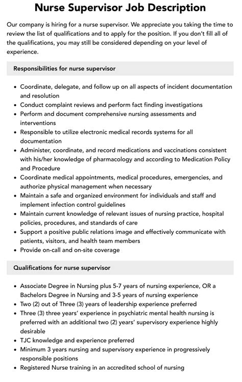 Nurse Supervisor Job Description Velvet Jobs
