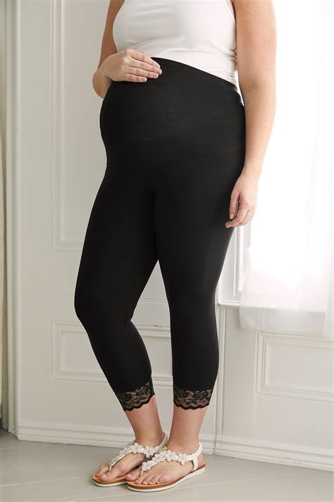 Bump It Up Maternity Black Cotton Elastane Cropped Leggings With Lace Trim Plus Size 16 To 28