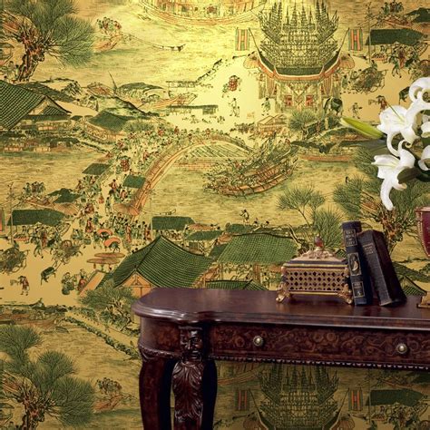Classical Chinese Painting Gold Leaf Wallpaper The Living