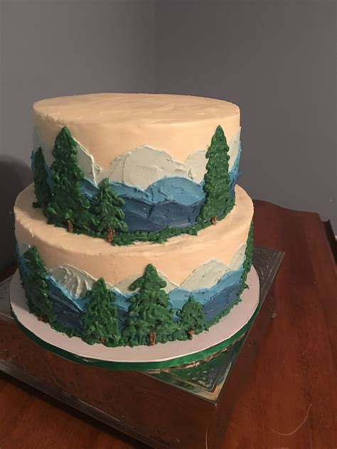 Mountain Scene Engagement Party Cake With White Chocolate Buttercream