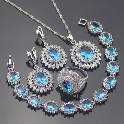 925 Silver Costume Jewelry Sets Women Wedding Earrings With Stones Blue