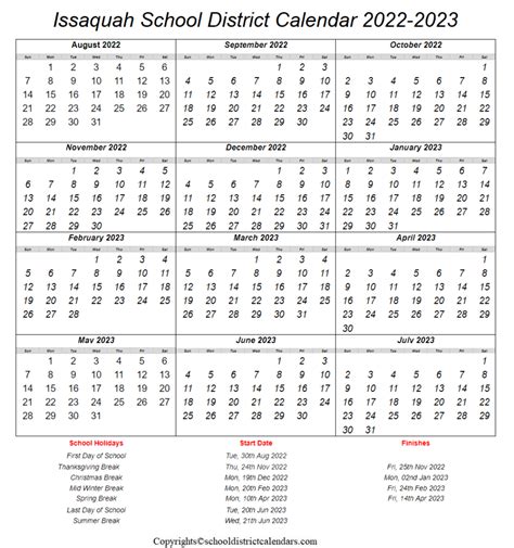 Issaquah School District Calendar 2022 2023 With Holidays In Pdf