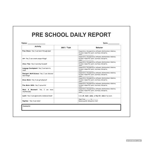 Preschool Daily Report Printable