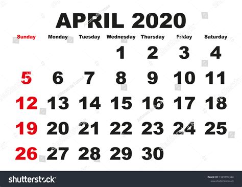 2020 Calendar April Month Vector Printable Stock Vector Royalty Free