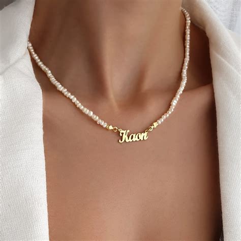 Cursive Name Necklace With Organic Pearls Gold Electroplated