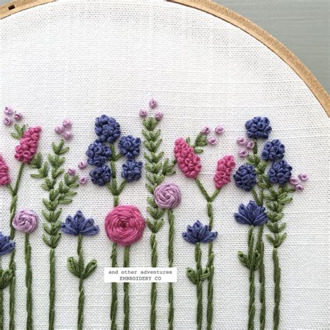 Digital Hand Embroidery Pattern Periwinkle And Hot Pink Wildflowers
