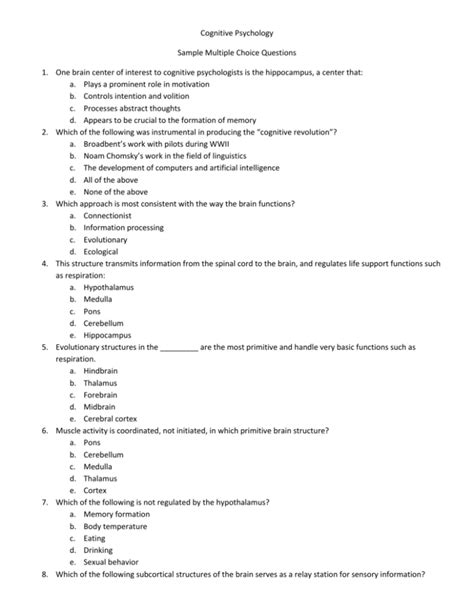 Cognitive Psychology Sample Multiple Choice Questions 1 One
