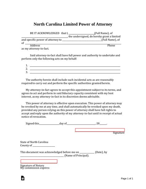 Free North Carolina Limited Power Of Attorney Form Pdf Word Eforms