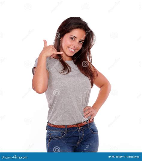 Smiling Young Woman Looking At You Saying Call Me Stock Photo Image