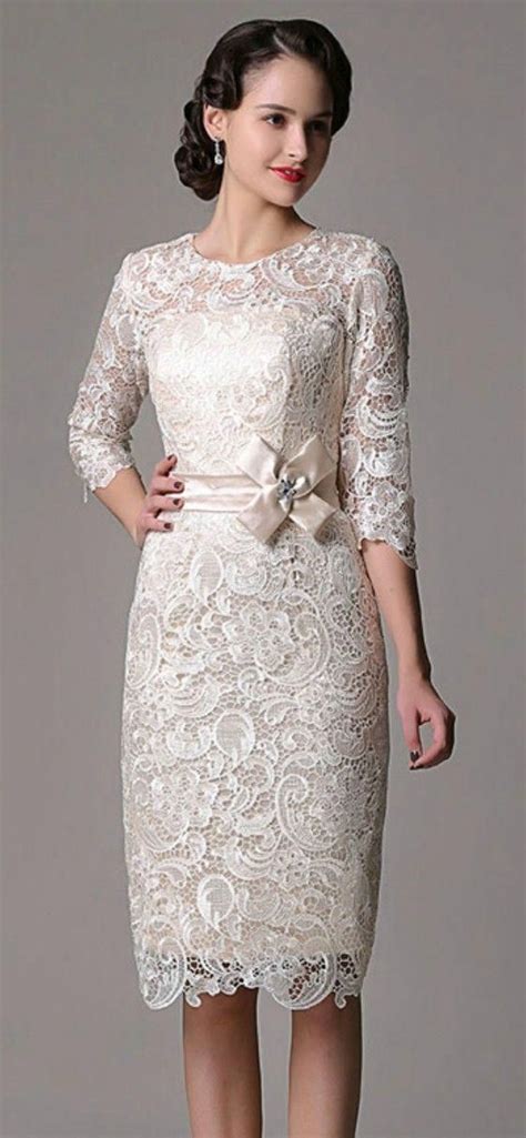 Elegant Sheath High Neck Knee Length Lace Wedding Dress With Lace Sleeve For Olde Casual