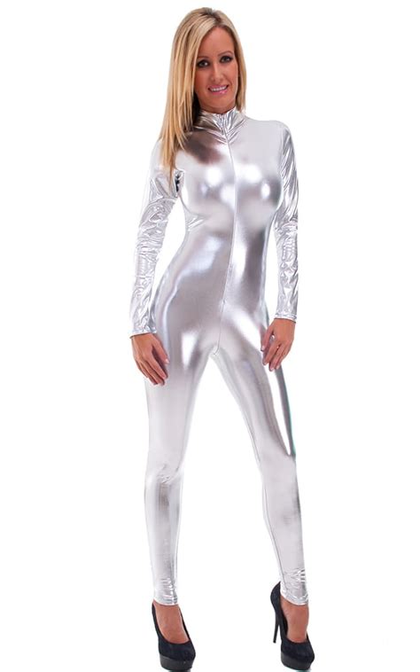 Front Zipper Catsuit Bodysuit In Chrome Silver