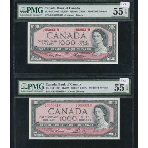 Bank Of Canada 1000 1954 Consecutive Pair