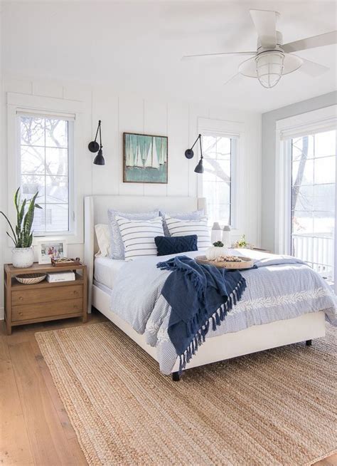 White And Blue Lake House Master Bedroom The Lilypad Cottage 1000