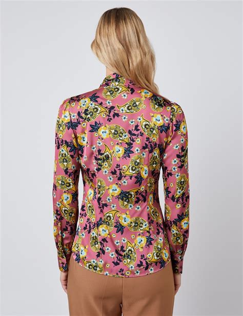 Women S Pink Yellow Floral Fitted Satin Blouse Single Cuff Pussy