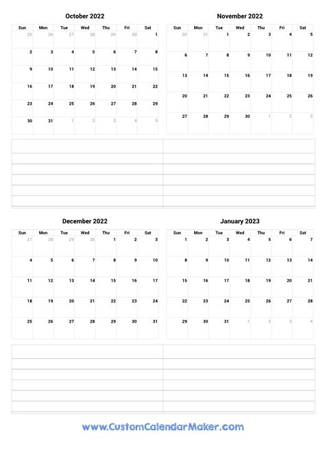 October 2022 To January 2023 Printable Calendar