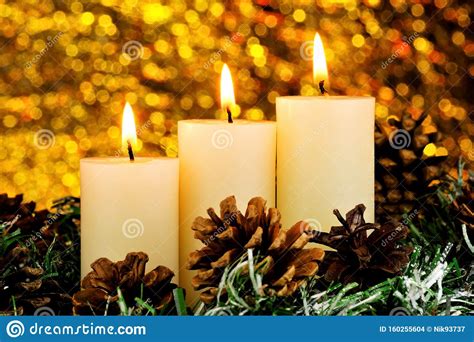 Brightly Lit Christmas Candles Snow Covered Spruce Winter Branch And