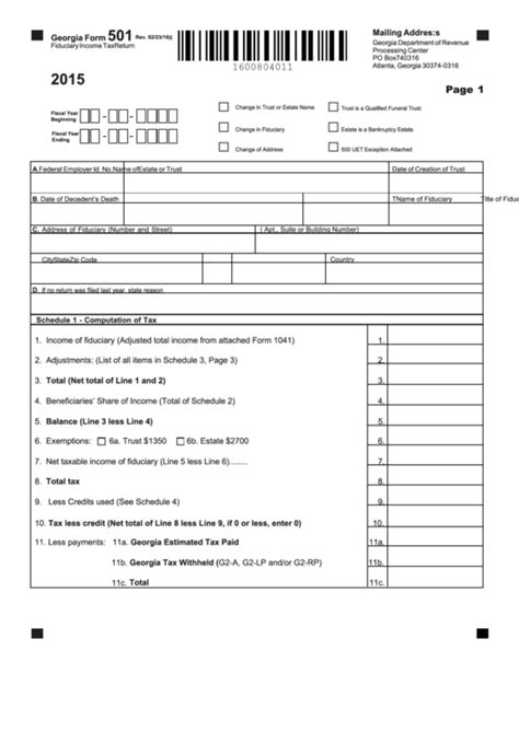 Fillable Georgia Form 501 Fiduciary Income Tax Return 2015