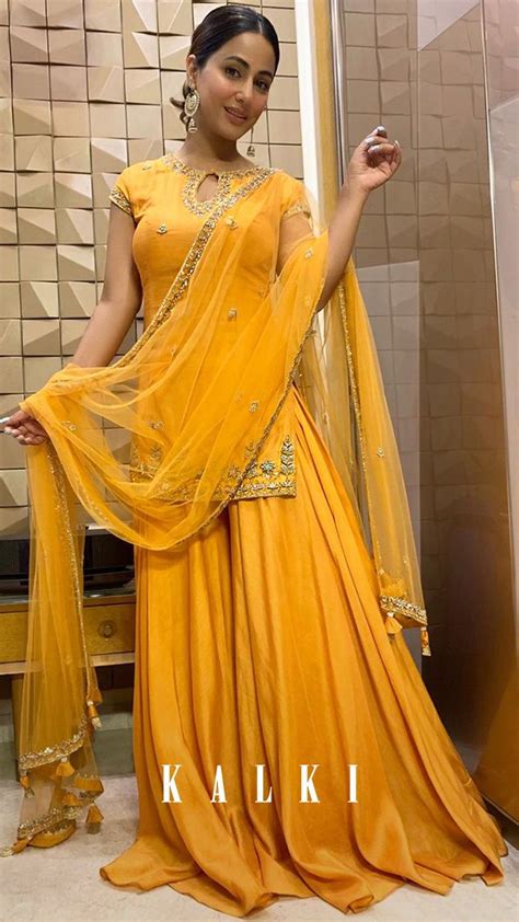 Hina Khan In Kalki Apricot Orange Short Kurta Suit In Cotton Silk With Flared Palazzo Pants