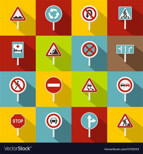 Different Road Signs Icons Set Flat Style Vector Image