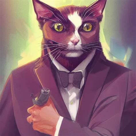 Cat In Suit Manga Cover Art Detailed Color Portrait Stable Diffusion