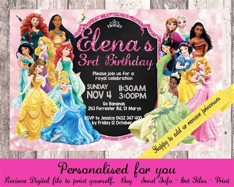 Disney Princess Birthday Party Invitation Disney Princess Etsy