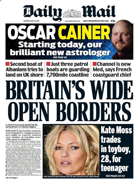 Mondays Daily Mail Front Page Britains Wide Open Borders