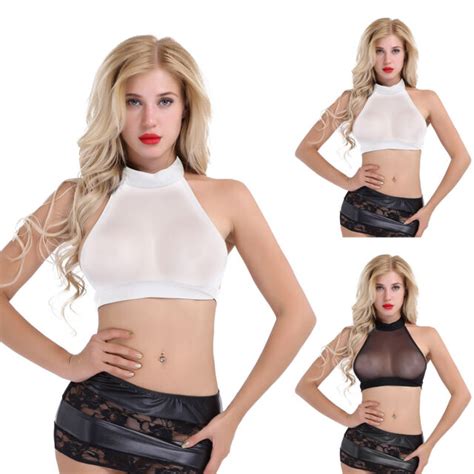 Sexy Women Backless Halter Neck Cami Bra Mesh See Through Vest Tank Crop Top Ebay