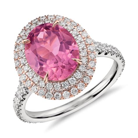 Pink Tourmaline And Double Halo Pavé Diamond Ring In 18k White And Rose