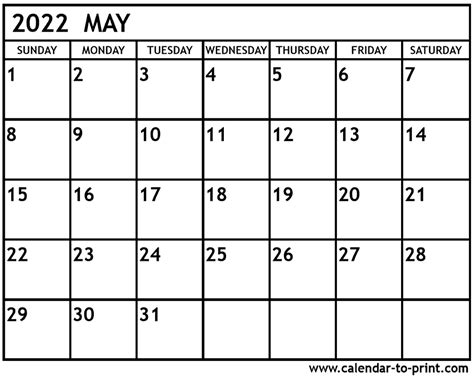 May 2022 Calendar Printable Pictures
