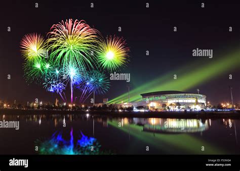 Beautiful Firework Over Stadium With Sky At Night Stock Photo Alamy