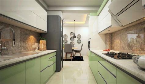 Parallel Kitchen With Green And White Cabinets And Marble Countertop