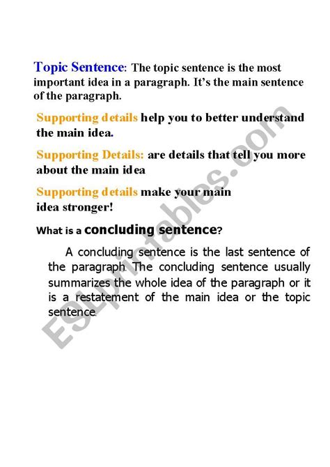 Details, major and minor, support the main idea by telling how, what, when, where, why, how much, or how many. Topic Sentence and Supporting Details - ESL worksheet by ...