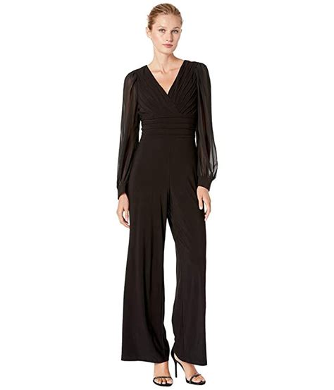 Adrianna Papell Jersey Jumpsuit With Chiffon Sleeve Black Womens