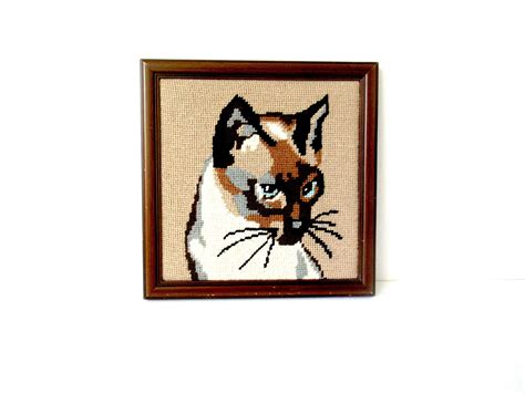 Vintage Cat Needlepoint Siamese Cat Needlepoint Framed Cat Etsy Cat