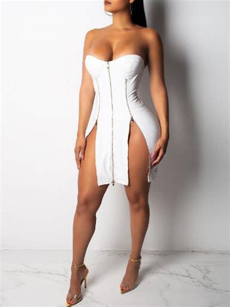 white zipper bandeau off shoulder double slit latex bodycon vinly mini dress mini dresses