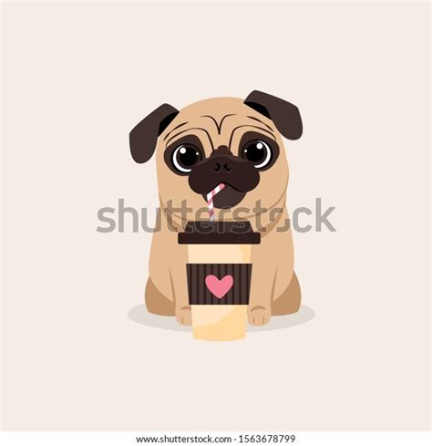 Little Pug Dog Drink Coffee Vector Vetor Stock Livre De Direitos