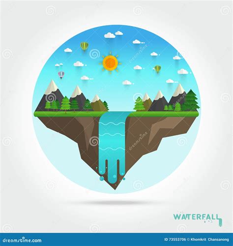 Landscape Illustration Mountain River Waterfall Stock Vector