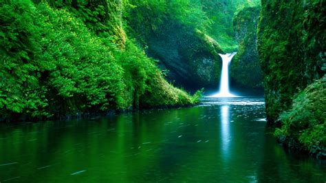 Wallpaper Landscape Waterfall Reflection Grass Green