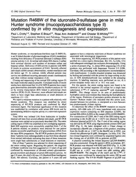 pdf mutation r468w of the iduronate 2 sulfatase gene in mild hunter syndrome
