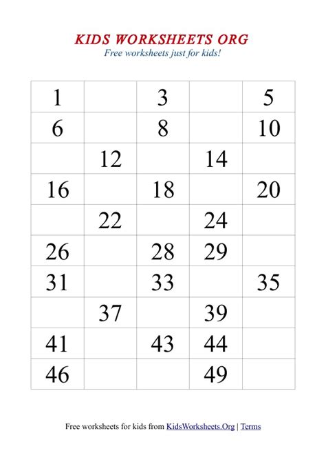 Free kindergarten math worksheets offered here go with no strings attached, no subscriptions are needed to download a complete pack to create your we also have ordinal numbers worksheet for kindergarten in which children learn the positions of objects referring to them as 1st, 2nd, 3rd, 4th, etc. 1-50 Missing Number Worksheet | Kids Worksheets Org
