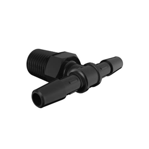 threaded tee with 1 4 npt and 1 4 barbs in glass filled black nylon