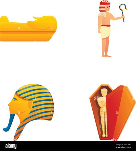 Egyptian Pharaoh Icons Set Cartoon Vector Pharaoh Statue And Tomb