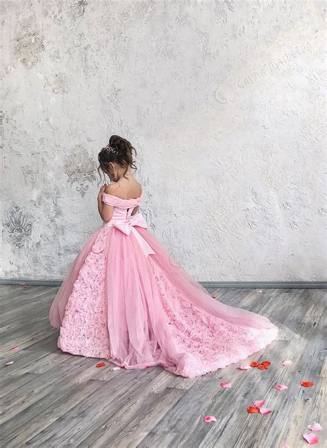 Pink Flower Girl Dress With Train Open Shoulders Luxury Dress Etsy